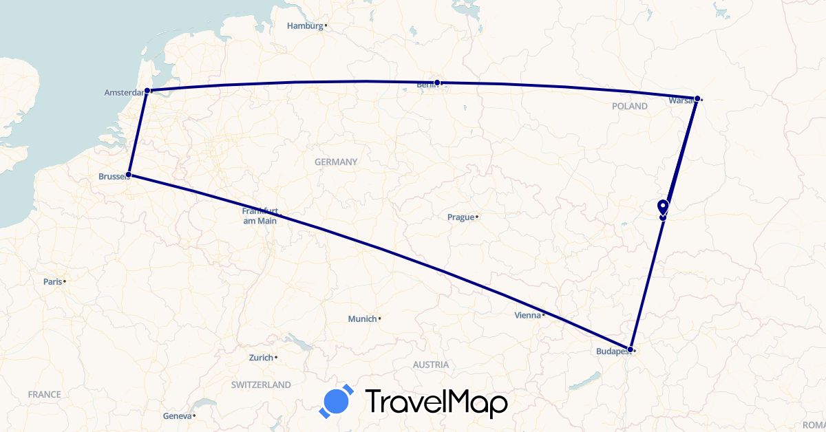 TravelMap itinerary: driving in Belgium, Germany, Hungary, Netherlands, Poland (Europe)